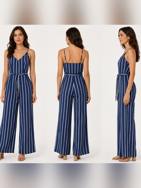 Forever 21 Pants - Womens Striped Navy Wide-Leg Jumpsuit with Belt Size XS